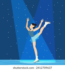 Figure skating. Illustrated winter sports. A woman on skates is illuminated by spotlights. Elements of figure skating.
