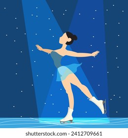 Figure skating. Illustrated winter sports. A woman skates at an ice show in the spotlight. Elements of figure skating.