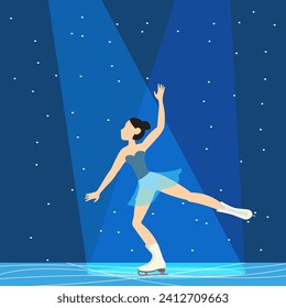 Figure skating. Illustrated winter sports. A woman on skates performs in the bright rays of the spotlight. Elements of figure skating.
