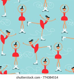 Figure skating illustration. Seamless pattern with female skater. Vector in cartoon style.
