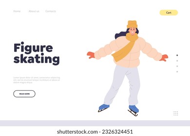 Figure skating landing page design template with young woman in winter outwear dancing on ice
