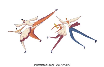 Figure Skating with Male and Female Pair Performing on Ice Vector Set
