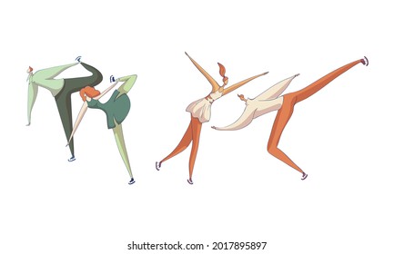 Figure Skating with Male and Female Pair Performing on Ice Vector Set