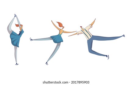 Figure Skating with Male and Female Pair Performing on Ice Vector Set