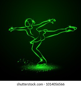 Figure skating neon illustration. A girl dances on ice in a position with an elongated leg.