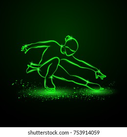 Figure skating neon illustration. The girl on skates performs her dance.