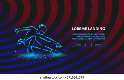 Figure skating neon illustration. Vector girl on skates performs her dance for Landing Page Template.