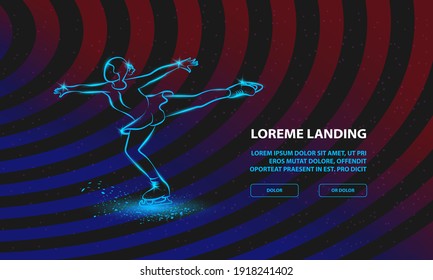 Figure skating neon illustration. Vector girl dances on ice for Landing Page Template.