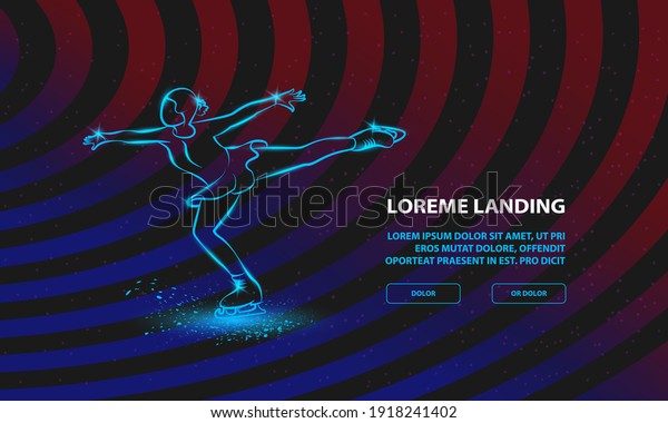 Figure skating neon illustration. Vector\
girl dances on ice for Landing Page\
Template.