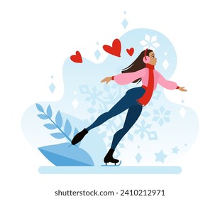 Patinaje artístico sobre hielo en invierno. Una chica con audífonos cálidos y patines de hielo en sus pies monta sobre el hielo. Un deporte de invierno. Ilustración vectorial plana en estilo de dibujos animados