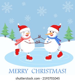 Figure skating of a pair of happy snowmen on ice in a snowy forest.