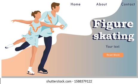 Figure Skating pairs Winter Sport Activity Website Landing Page. Couple of Young Skaters Man and Woman Dancing on Ice Rink Web Page Banner. Cartoon Flat Vector Illustration