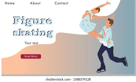 Figure Skating pairs Winter Sport Activity Website Landing Page. Couple of Young Skaters Man and Woman Dancing on Ice Rink Web Page Banner. Cartoon Flat Vector Illustration