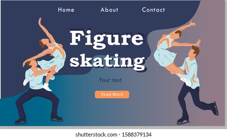 Figure Skating pairs Winter Sport Activity Website Landing Page. Couple of Young Skaters Man and Woman Dancing on Ice Rink Web Page Banner. Cartoon Flat Vector Illustration