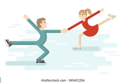 Figure skating romantic couple. Pair ice dance on Skating rink. Ice skating. Vector illustration