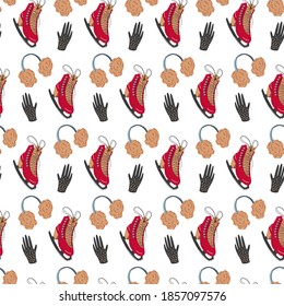 Figure skating seamless pattern in hand drawn and doodle style isolated on white background. Vector illustration with red skates, hat, knitting gloves for fabric, holiday wrapping papers and print tex