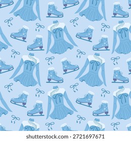 Figure skating seamless pattern. Sports suit dress, ice skates. Blue pastel background
