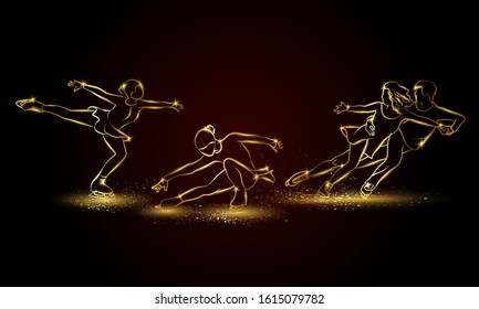 Figure skating set. Golden linear single and pair Figure skating illustration for sport banner, background and flyer.