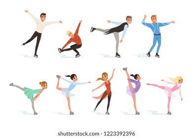 Figure skating set, professional athletes skating in motion on ice vector Illustrations on a white background