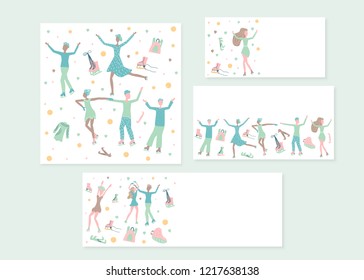 Figure skating set of templates.  Group of people on the rink. Vector illustration.