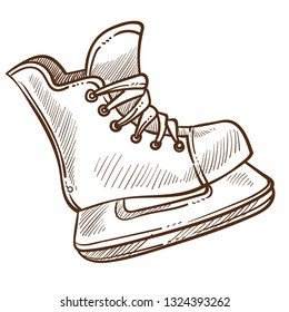 Figure skating skate ice rink footwear with blade to slide isolated sketch winter sport Canadian hockey shoe with laces hobby and outdoor activity or pastime recreation and leisure game gear