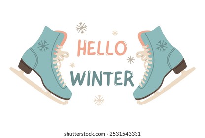 Figure skating skates with hello winter lettering, flat design vector