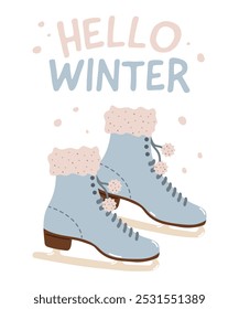 Figure skating skates with hello winter lettering, flat design vector