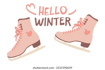 Figure skating skates with Hello Winter lettering, flat design vector, cute pink skates with hearts