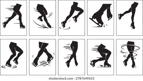 Figure skating technique diagrams and ice skating movements set, including glide, jump, spin, and edge work illustrations.