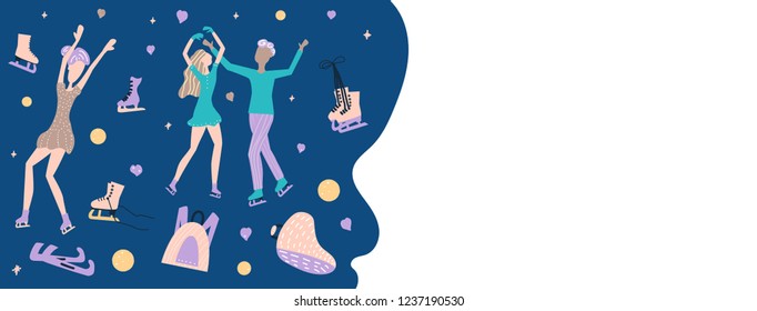 Figure skating template for social media banner.  Group of people on the rink. Vector illustration.