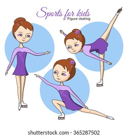 Figure skating. Three girls in purple dress on skates.