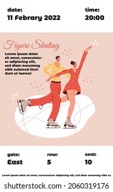 Figure skating ticket with pair skaters, cartoon flat vector illustration in trendy colors. Winter sport, ice dancer, gymnast woman, championship, competition activity modern design element