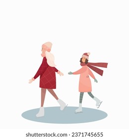 Figure skating. Two girls are skating on ice. Mother with daughter