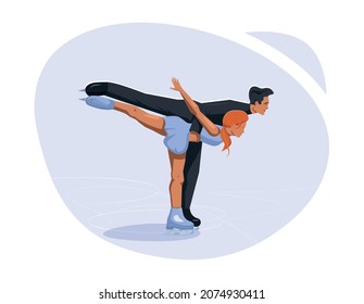 Figure skating vector flat design illustration. Two skaters perform elements together as a pair.