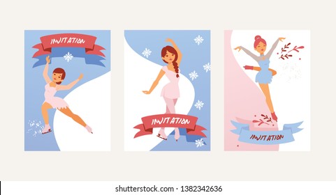 Figure skating vector girl character skates on invitation card to competition and professional girlie skater illustration backdrop set of kids athlete dancing on ice background.