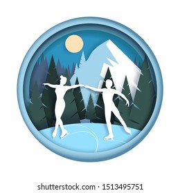 Figure skating, vector illustration in paper art modern craft style. Paper cut forest and mountain landscape background and ice skaters couple silhouettes. Winter sports and activities.