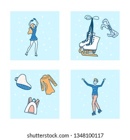 Figure skating vector illustrations.  Athletes on the rink and sports equipment.