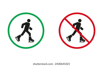 Conjunto de señales de advertencia de patinaje artístico. Se permite patinar sobre hielo y se prohíben los iconos de silueta. Área de pista Recreación Símbolo de círculo rojo y verde, Deporte de invierno. Ilustración vectorial aislada.