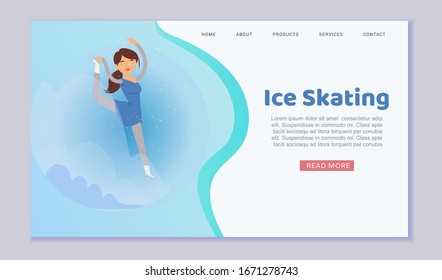 Figure skating web template on ice winter season with girl prefessional skater cartoon vector illustration. Girl skates on ice skating-rink webpage.