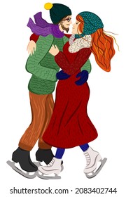 Figure skating. Winter dating concept. Man and woman, skating and embracing on ice rink. 