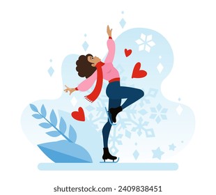 Figure skating in winter on ice in the park. A romantic date for the holiday on February 14th. A winter sport. Flat vector illustration in cartoon style