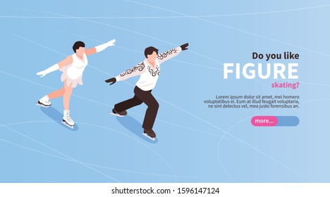 Figure skating winter sport isometric landing page horizontal web banner with  dancing on ice couple vector illustration