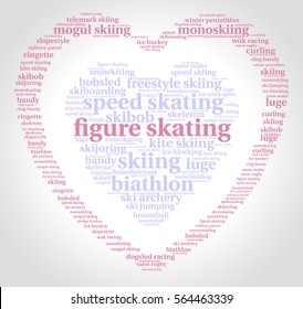 Figure skating. Word cloud, heart inside heart, pink font, grey gradient background. Love of sport.