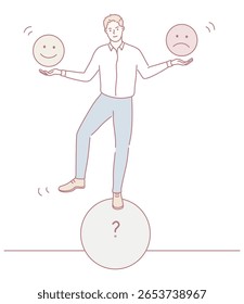 A figure skillfully balancing happy and sad faces, symbolizing the intricate challenges and complexities of life itself