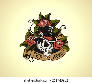 Figure Skull in roses done in retro style. Old school nautical tattoo. Skull in the form of cylinders Entertainer.