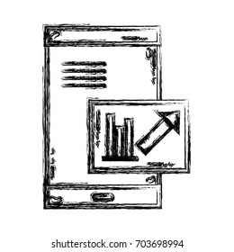 figure smartphone with company document and statistics bar diagram