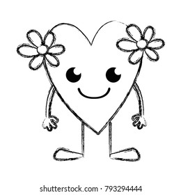 figure smile heart with flowers kawaii with arms and legs
