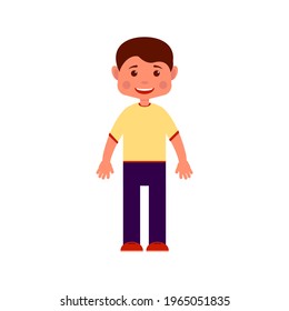 Figure of smiling boy in casual clothes in cartoon style. Cheerful teenager in T-shirt, trousers, sneakers. Character for your project. Vector illustration in flat style, isolated on white background