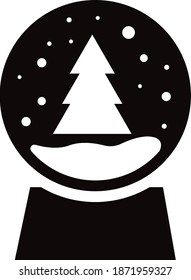 Figura de un globo de nieve con nieve y un árbol de Navidad en un puesto. Silueta negra de fondo blanco. Imagen vectorial para crear ilustraciones para el Año Nuevo.