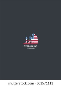 The figure of the soldier bent over the grave in the background of the United States Flag. Caption: Veterans Day, November 11.